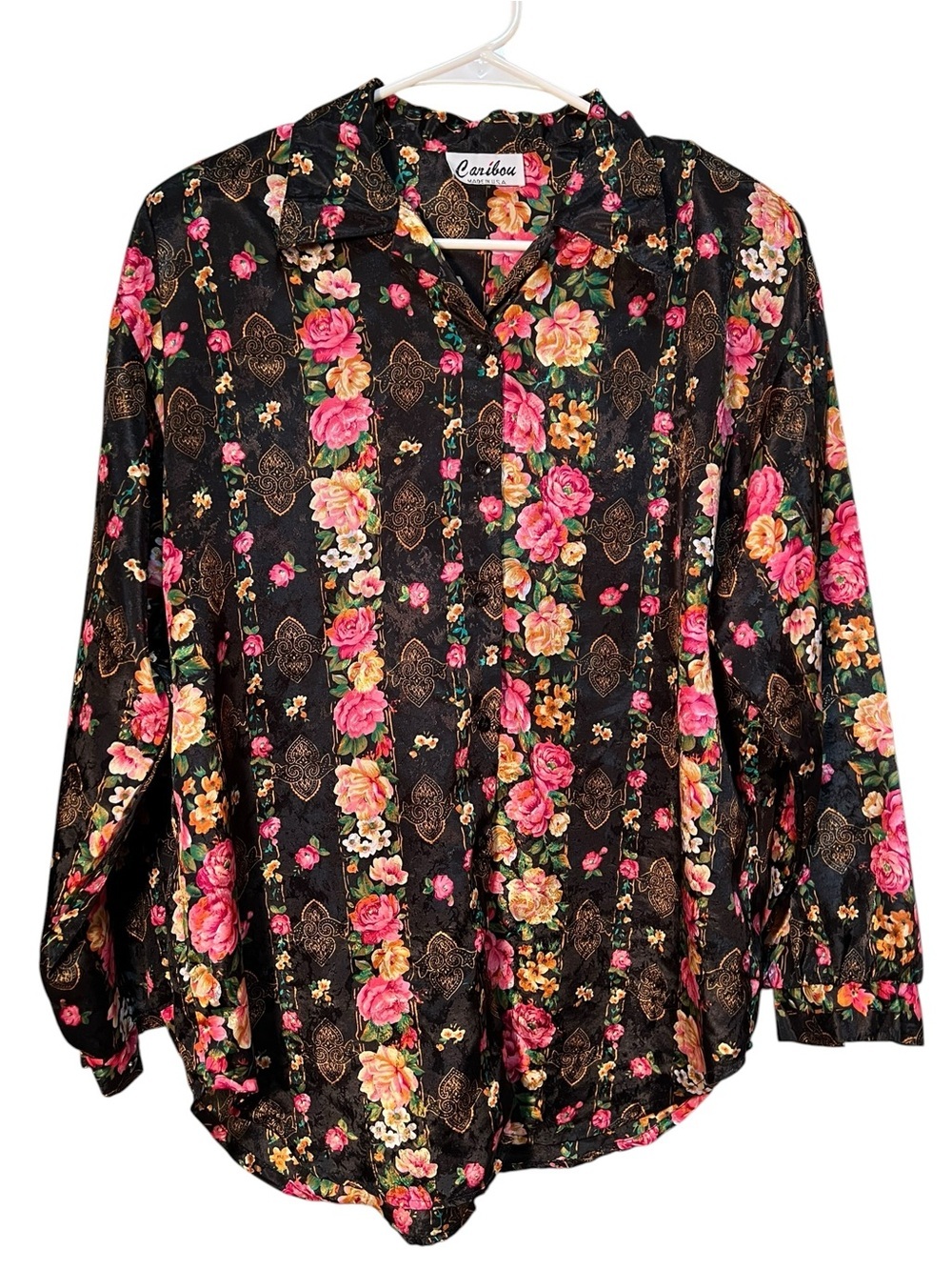Vintage Caribou Womens Button Down Blouse Black Pink Rose Floral Geometric Satin